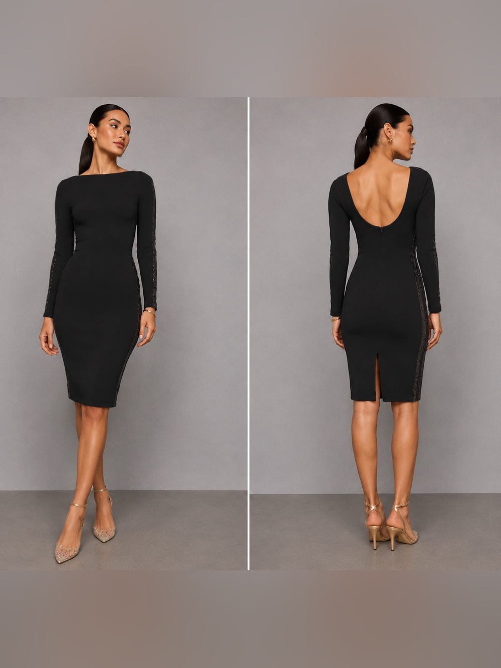 Dress the Population Black Sequin Sleeve Midi Dress | Open Back Cocktail Dress |